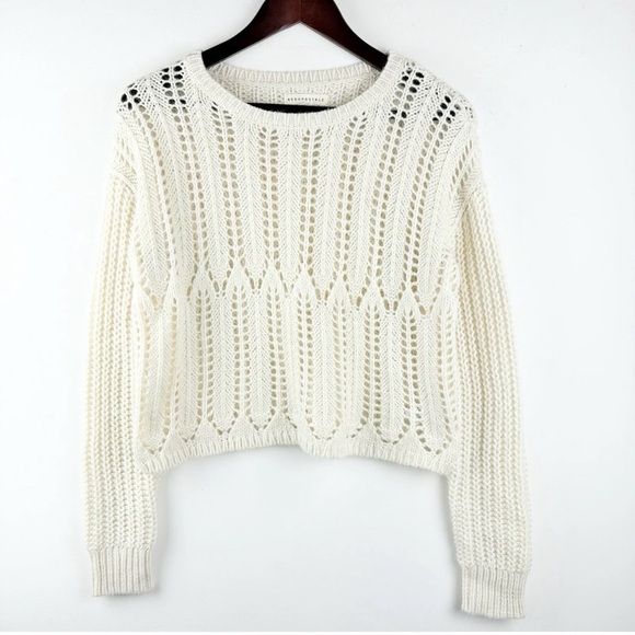 Aeropostale Pointelle Crochet Knit Ivory Crew Sweater Small Boho Chunky Cozy - Picture 4 of 9